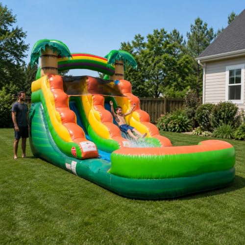 Pogo Bounce House Inflatable Water Slides for Kids - Backyard Inflatable Slides with Splash Pool - Tropical Slides with Water Pool Complete Setup with Blower, Stakes - 21' x 9' - 12' Tall Slide